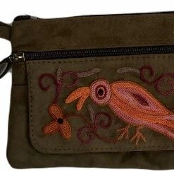 Gloednieuw 😉 Merkloos Dames Polstas Suède Leer - Bruine Damestas Met Handgeborduurd Bloemenpatroon In Oranje - Riemtasje 👍