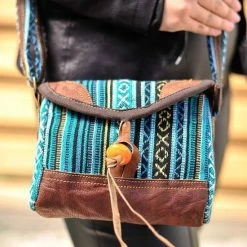 Groothandel 🛒 Crea-Nepal Schoudertas Vishnu, Katoen Met Leer, Kleur Firoza ❤️